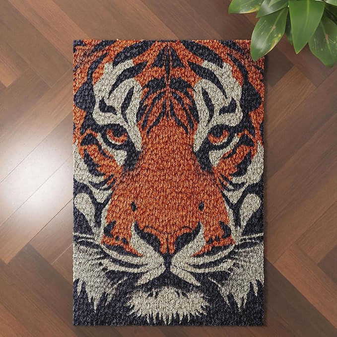 Wild Animal Orange Tiger Latch Hook Rug Kit for Adults DIY Carpet Cushion with Printed Canvas Crochet Yarn Craft Hook and Latch Tapestry for Home Decor Pets Warm Pads 60x40cm(1)