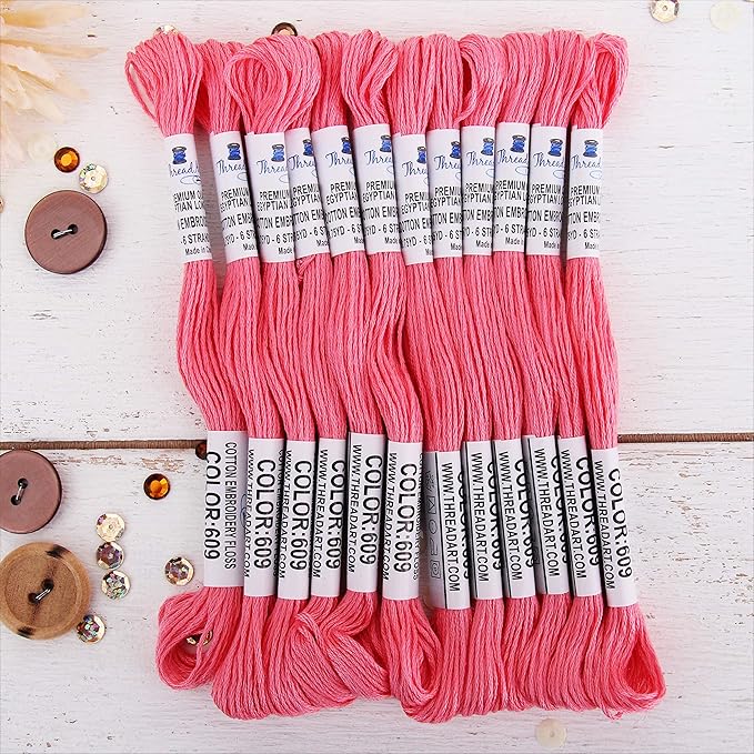 12 Skeins ThreadArt Premium Egyptian Long Fiber Cotton Embroidery Floss | Bright Pink | 6 Strand Divisible Thread 8.75yds Each for Hand Embroidery, Friendship Bracelets, Cross Stitch and Crafts