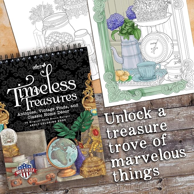ColorIt Timeless Treasures: Antiques, Vintage Finds, and Classic Home Decor Adult Coloring Book, 50 Original Drawings, Spiral Binding, USA Printed, Lay Flat Hardback Book Cover, Ink Blotter Paper