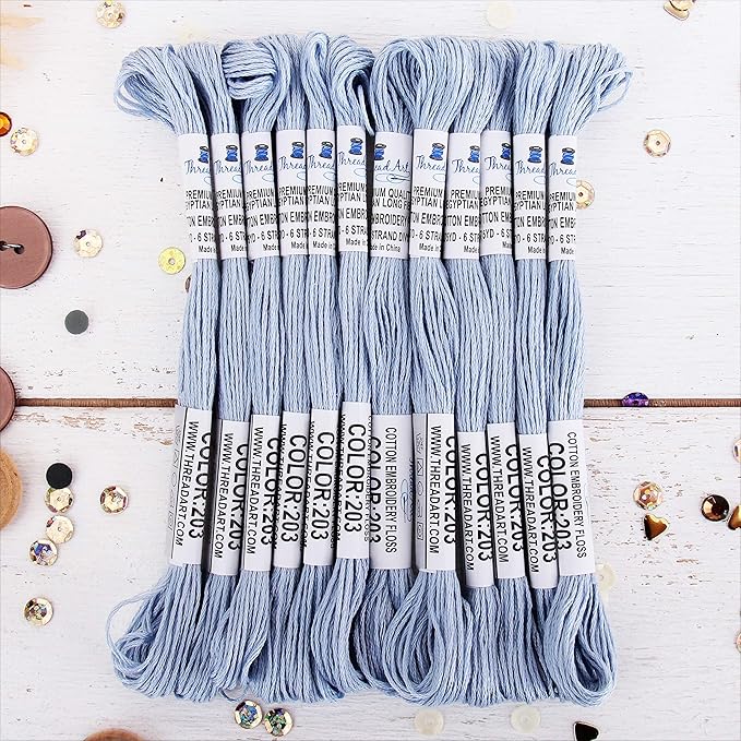 12 Skeins ThreadArt Premium Egyptian Long Fiber Cotton Embroidery Floss | Very Light Blue | 6 Strand Divisible Thread 8.75yds Each for Hand Embroidery, Friendship Bracelets, Cross Stitch and Crafts