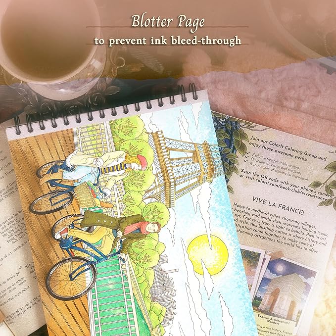 ColorIt France Adult Coloring Book, 50 Picture Perfect Coloring Pages of French Landscapes and Famous Landmarks, Printed on Thick Paper with Spiral Binding, Hardback Covers, and Ink Blotter Paper