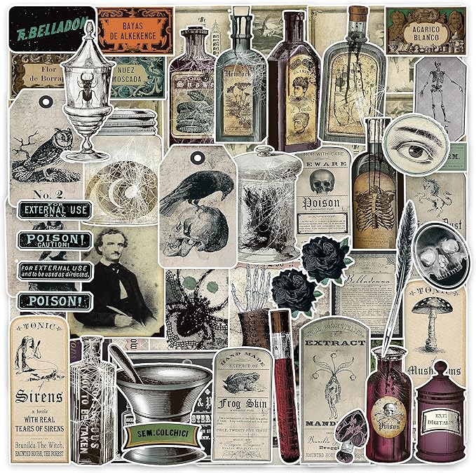 Prstincol 106 Pcs Potion Labels Stickers, Apothecary Sticker Dark Aesthetic Wine Bottle Sticker for Scrapbooking, Wicca Stickers for Junk Journal Bullet Journals DIY Crafts