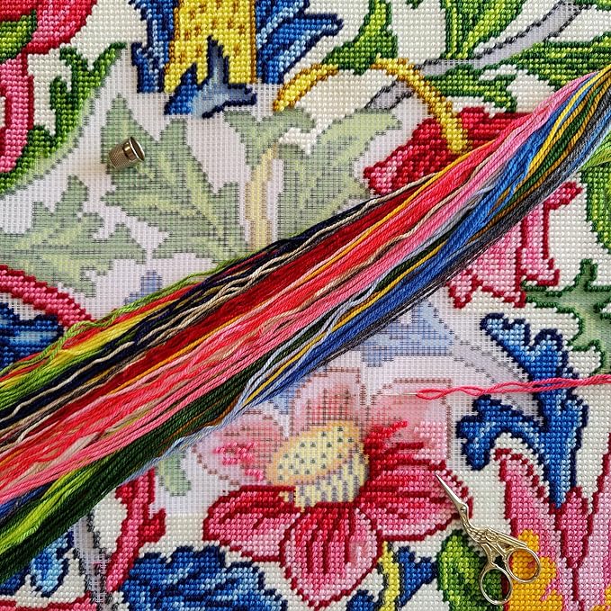 Brvsk Floral Embroidery Kit for Adults and Beginners — Rose by William Morris 16″ × 16″ with Clear, Precise Printed Design on Cotton Canvas; Includes 2 Needles, Yarn, and Easy-Read Chart