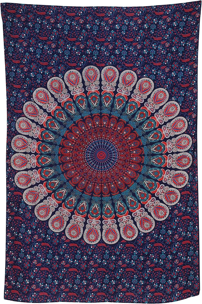 bless international handmade indian hippie bohemian psychedelic peacock mandala wall hanging college dorm beach throws table cloth bedding tapestry (midnight blue, medium(54x60inches)(137x152cms))