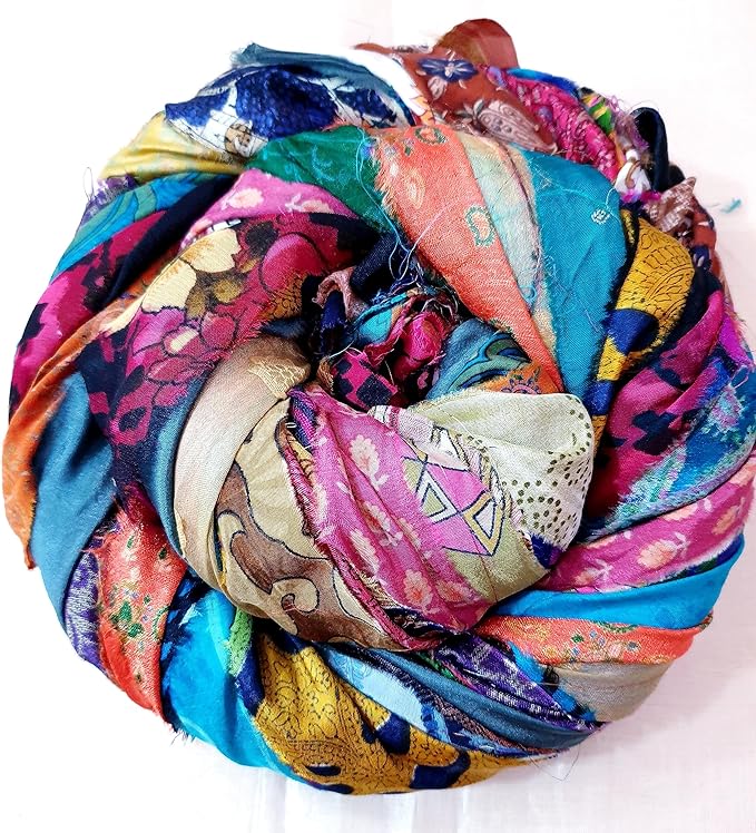 21 Yards Unstitched Recycled Sari Silk Yarn Ribbon Tassels 21 Strips SKEINS Shades Recycled Journal Scrapbook Craft Project Decor DS360 (Mixed, 21 Yard)