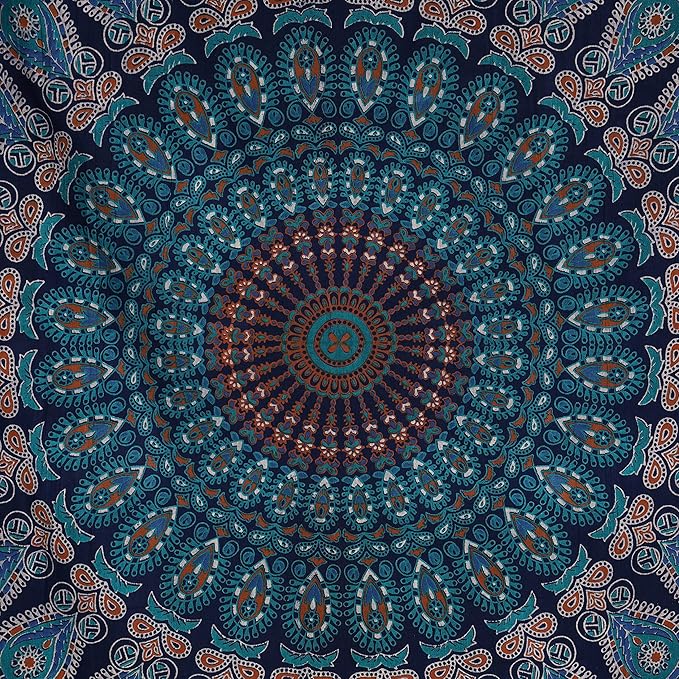 bless international handmade indian hippie bohemian psychedelic peacock mandala wall hanging college dorm beach throws table cloth bedding tapestry (blue green, medium(54x60inches)(137x152cms))