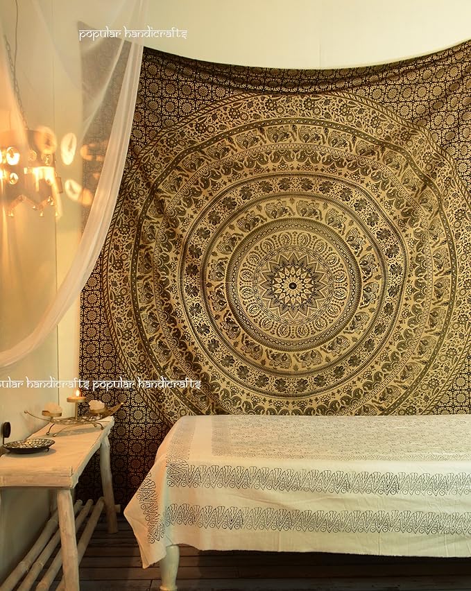 popular handicrafts wall hanging for bedroom hippie mandala bohemian floral design indian magical thinking tapestries dorm decor (215x230cms) gold on black dye