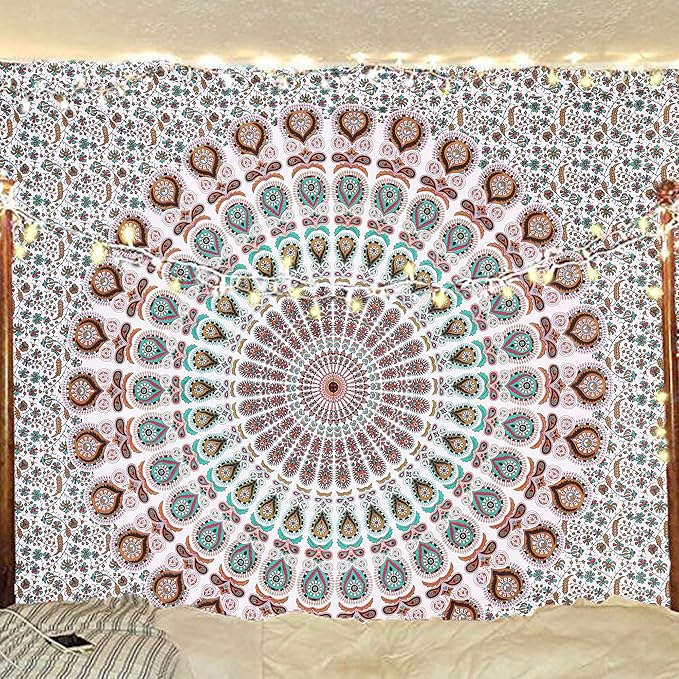 bless international handmade indian hippie bohemian psychedelic peacock mandala wall hanging college dorm beach throws table cloth bedding tapestry (floral gold, king(88x104inches)(225x265cms))