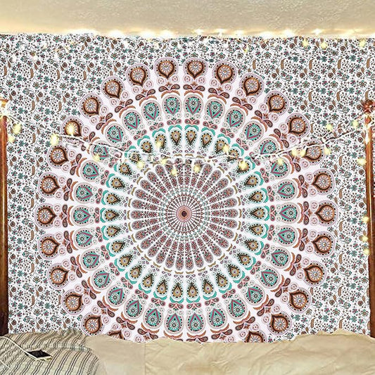 bless international handmade indian hippie bohemian psychedelic peacock mandala wall hanging college dorm beach throws table cloth bedding tapestry (floral gold, queen(84x90inches)(215x230cms))
