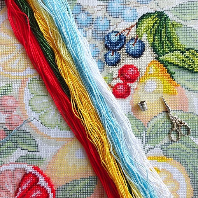 Brvsk Needlepoint Kit for Adults and Beginners — Fruity Fiesta 16″ × 16″ with Clear, Precise Printed Design on Cotton Canvas; Includes 2 Needles, Yarn, and Easy-Read Chart