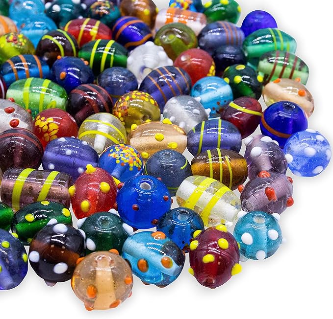 Fun-Weevz Assorted Glass Beads for Jewelry Making Adults, Bulk Glass Beads for Crafts, Lampwork Murano Bead Mix for Bracelets and Necklaces, Crafting Beads Supplies Kit, Large & Small Beads