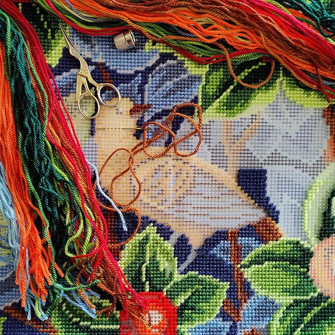 Brvsk Tapestry Embroidery Kit for Adults and Beginners — Bird by William Morris 16″ × 16″ with Clear, Precise Printed Design on Cotton Canvas; Includes 2 Needles, Yarn, and Easy-Read Chart