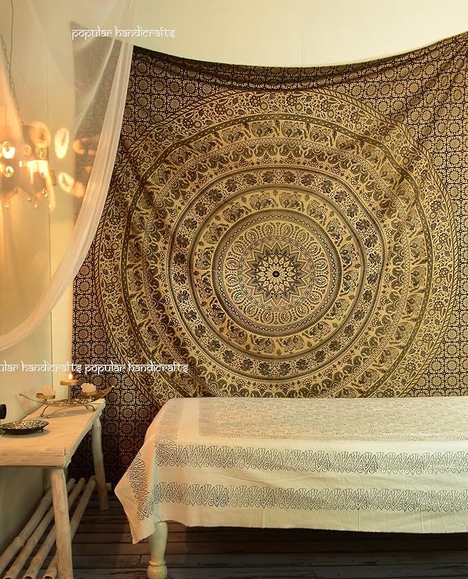 popular handicrafts wall hanging for bedroom hippie mandala bohemian floral design indian magical thinking tapestries dorm decor (215x230cms) gold on black dye