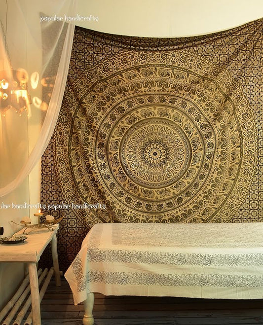 popular handicrafts wall hanging for bedroom hippie mandala bohemian floral design indian magical thinking tapestries dorm decor (215x230cms) gold on black dye
