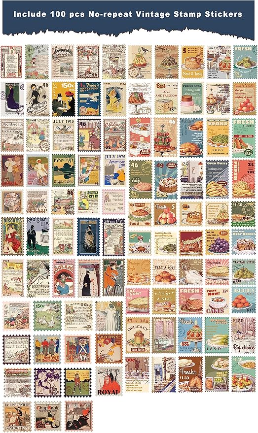 Prstincol 100 Pcs Scrapbooking Stickers,Food Stickers for Scrapbooking,Vintage Stamp Sticker for Journaling,Retro Poster Sticker for Water Bottle Laptop Phones Bullet Journal