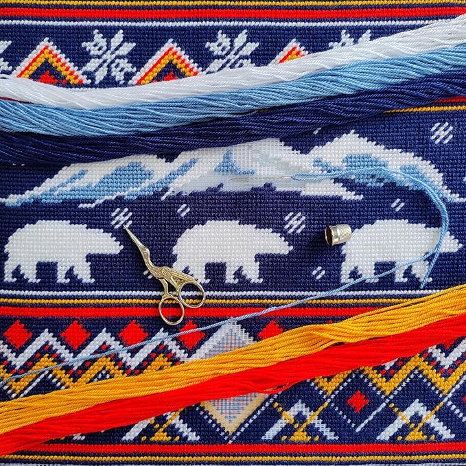 Brvsk Christmas Needlepoint Kit for Adults and Beginners — Winter Bears 16″ × 16″ with Clear, Precise Printed Design on Cotton Canvas; Includes 2 Needles, Yarn, and Easy-Read Chart