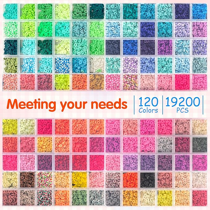 LINAYE 20000 PCS Clay Beads Kit with 120-Colors 6 Boxes Flat Preppy Polymer Heishi Beads with Pendant Charms Crafts Accessories, Friendship Bracelet Making Kit Crafts Supplies Kit Gift for Adults