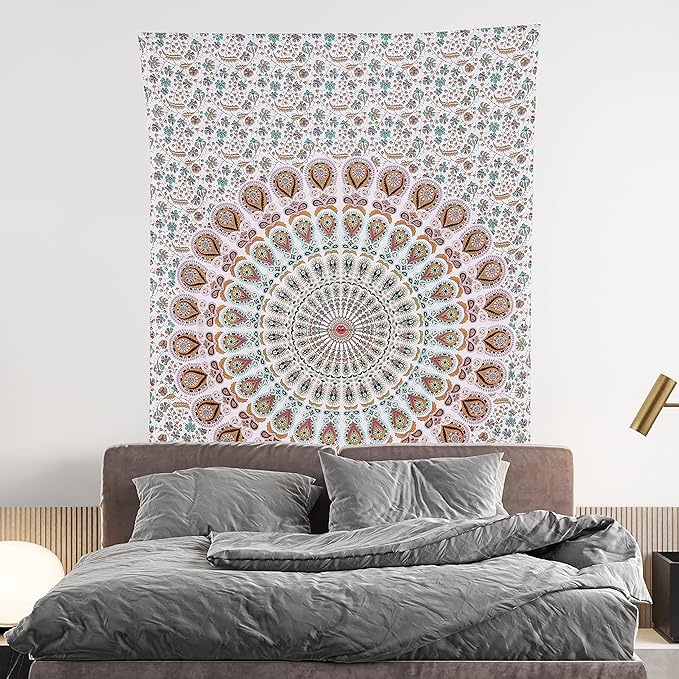 bless international handmade indian hippie bohemian psychedelic peacock mandala wall hanging college dorm beach throws table cloth bedding tapestry (floral gold, twin(54x72inches)(140x185cms))