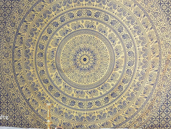 popular handicrafts tapestry wall hanging hippie elephant metallic mandala bohemian hippy intricate indian tapestries bedspread 54 x 82 inches (140cm x 210cm) gold on blue dye