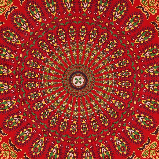 bless international handmade indian hippie bohemian psychedelic peacock mandala wall hanging college dorm beach throws table cloth bedding tapestry (golden red, twin(54x72inches)(140x185cms))