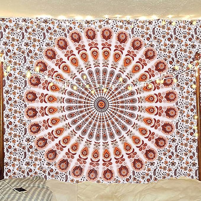 bless international handmade indian hippie bohemian psychedelic peacock mandala wall hanging college dorm beach throws table cloth bedding tapestry (orange brown, poster(30x40inches)(76x101cms))