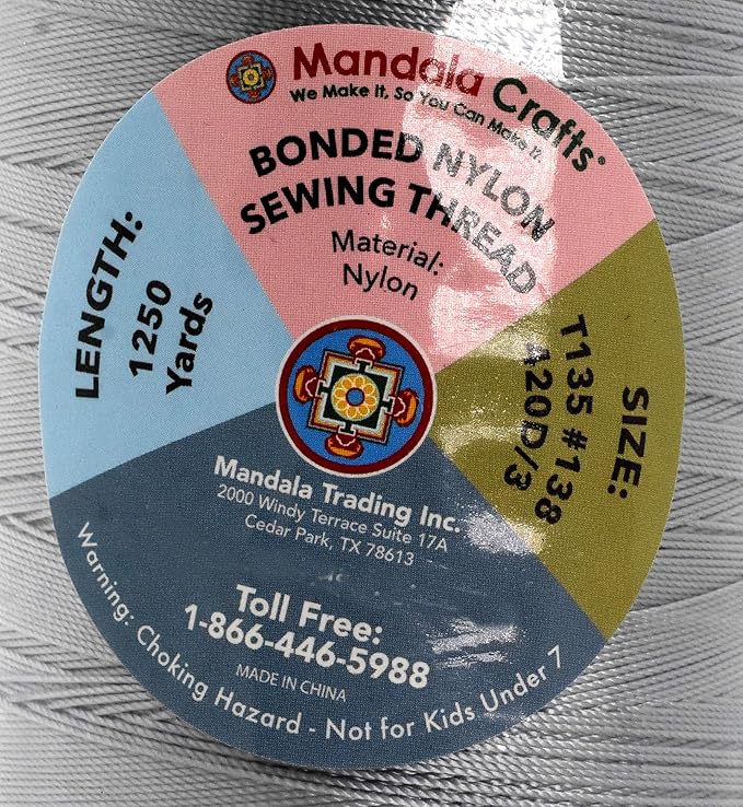 Mandala Crafts Size 138 420D T135 Bonded Nylon Thread - Gray 1250 YDs Tex 135 Heavy Duty Sewing Threads for Leather, Jeans, Weaving, Outdoor Marine Upholstery
