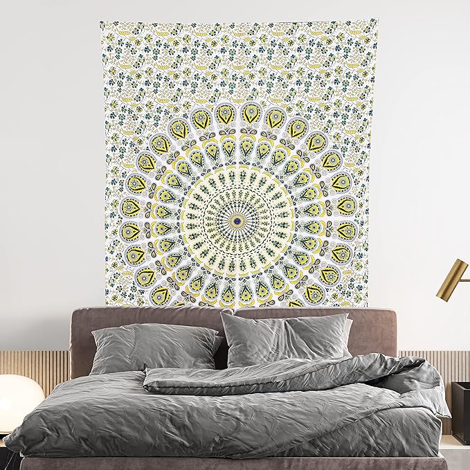 bless international handmade indian hippie bohemian psychedelic peacock mandala wall hanging college dorm beach throws table cloth bedding tapestry (yellow green, twin(54x72inches)(140x185cms))