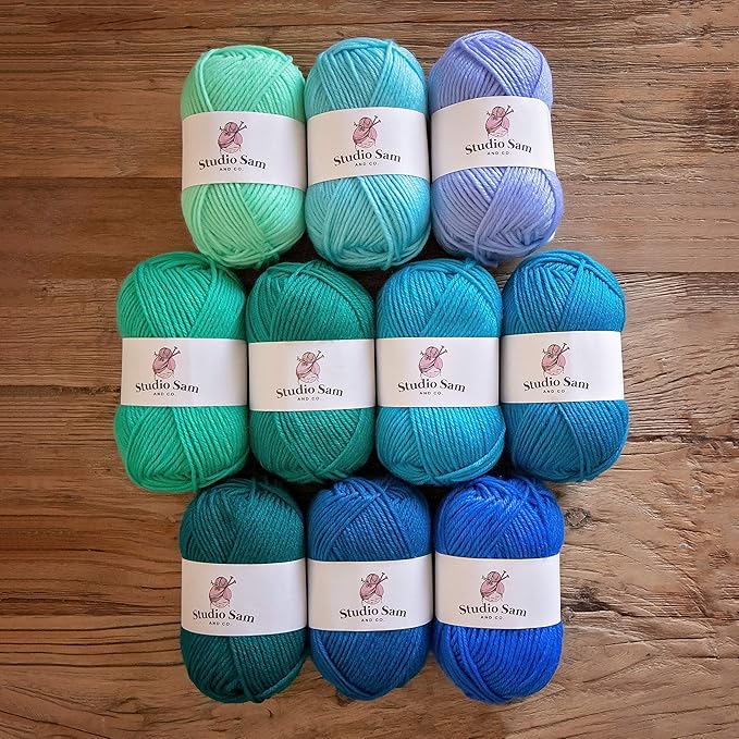 Studio Sam Acrylic Yarn Set. Ten Large 50g Skeins. Total 1030 Yards. for All Knitting, Crochet and Craft Projects. Blue and Green (Sea Glass Collection)