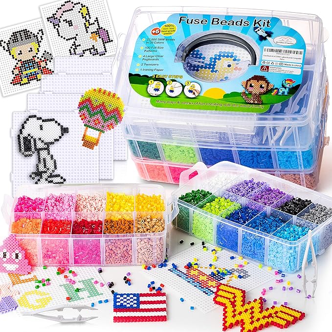 xxl fuse beads kit, melty melting beads for kids crafts | iron for kids kit - fuse pegboards. compatible bulk beados storage - 22000pcs 5mm