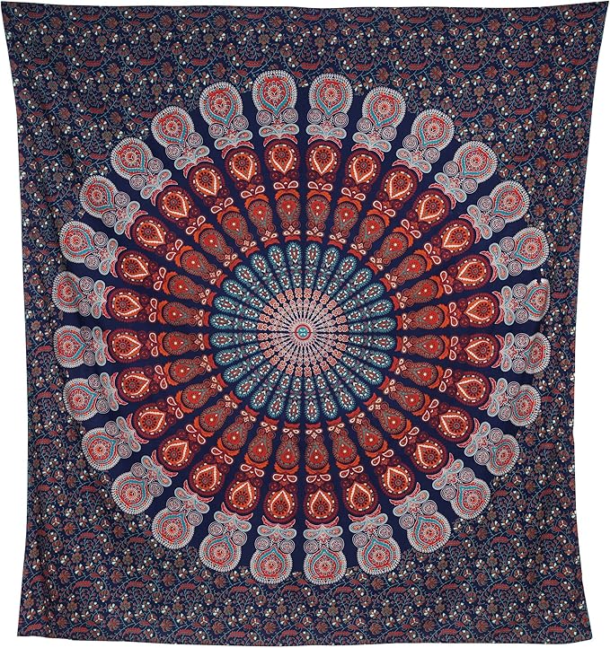bless international handmade indian hippie bohemian psychedelic peacock mandala wall hanging college dorm beach throws table cloth bedding tapestry (golden blue white, king(88x104inches)(225x265cms))