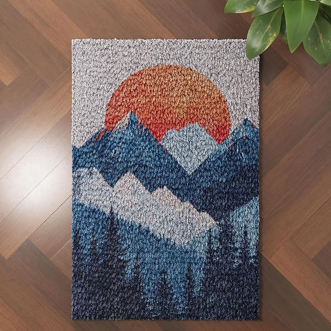 Red Sunset and Mountain Latch Hook Rug Kit for Adults DIY Carpet Cushion with Printed Canvas Crochet Yarn Craft Hook and Latch Tapestry for Home Decor Pets Warm Pads 60x40cm(2)
