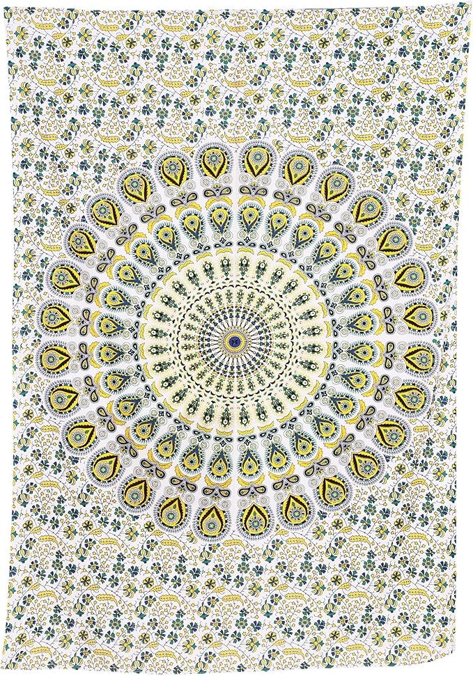 bless international handmade indian hippie bohemian psychedelic peacock mandala wall hanging college dorm beach throws table cloth bedding tapestry (yellow green, twin(54x72inches)(140x185cms))