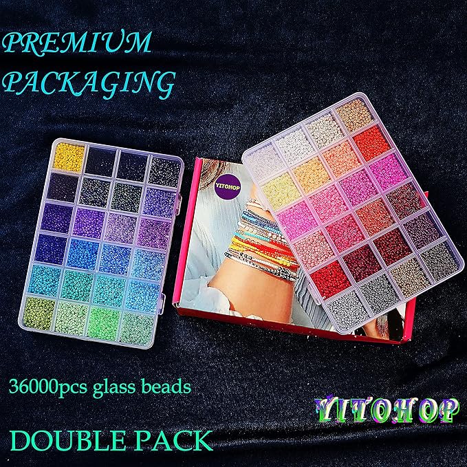 YITOHOP 36000+pcs 2mm 48 Colors Glass Seed Beads for Bracelet Jewelry Making Kit, Beads Assortments Kit for Adults Girls Small Beads for Necklace Ring Making | Top Best Birthday Gifts