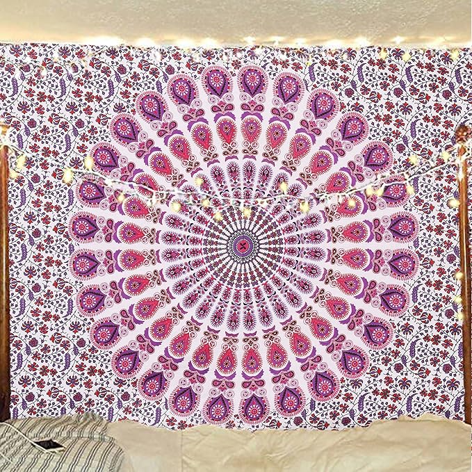 bless international handmade indian hippie bohemian psychedelic peacock mandala wall hanging college dorm beach throws table cloth bedding tapestry (pink blue, twin(54x72inches)(140x185cms))