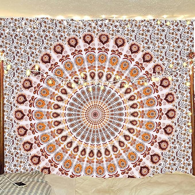 bless international handmade indian hippie bohemian psychedelic peacock mandala wall hanging college dorm beach throws table cloth bedding tapestry (orange brown, king(88x104inches)(225x265cms))