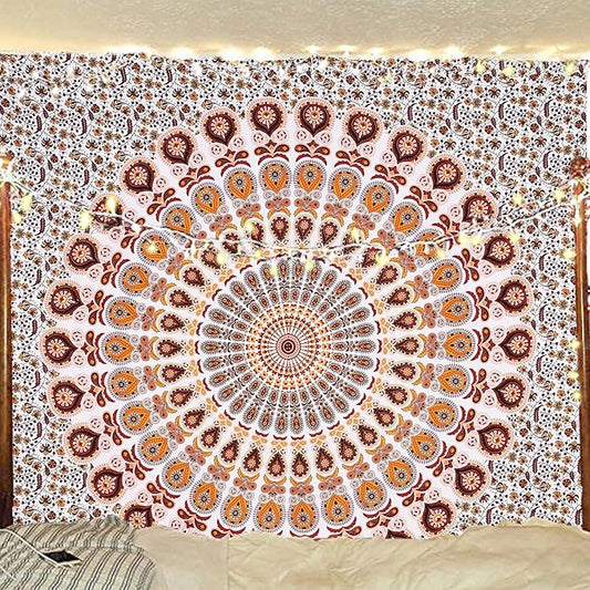 bless international handmade indian hippie bohemian psychedelic peacock mandala wall hanging college dorm beach throws table cloth bedding tapestry (orange brown, king(88x104inches)(225x265cms))