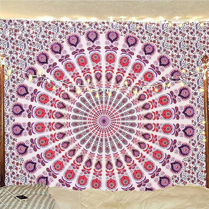 bless international handmade indian hippie bohemian psychedelic peacock mandala wall hanging college dorm beach throws table cloth bedding tapestry (pink blue, king(88x104inches)(225x265cms))