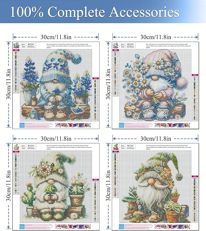 Diamond Art Kits for Adults, 4 Pack Spring Gnomes Diamond Painting Kits for Adults, 5D Round Full Drill Paint with Diamonds Gem Art Dots Crafts Painting Set for Home Wall Decor Gifts 12x12inch
