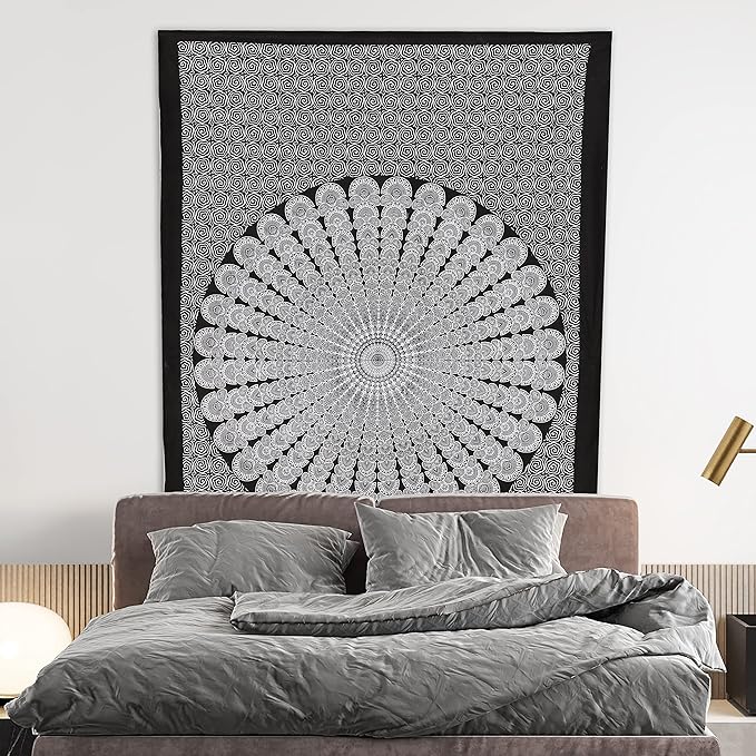 bless international handmade indian hippie bohemian psychedelic peacock mandala wall hanging college dorm beach throws table cloth bedding tapestry (black white, twin(54x72inches)(140x185cms))