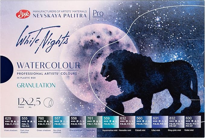 White Nights Granulating Watercolor Set 12 Full Pans of Professional Artist Grade Paints Vibrant Lightfast Colors Portable Durable Box by Nevskaya Palitra