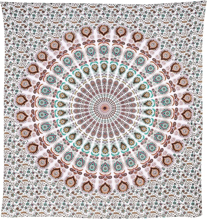 bless international handmade indian hippie bohemian psychedelic peacock mandala wall hanging college dorm beach throws table cloth bedding tapestry (floral gold, king(88x104inches)(225x265cms))