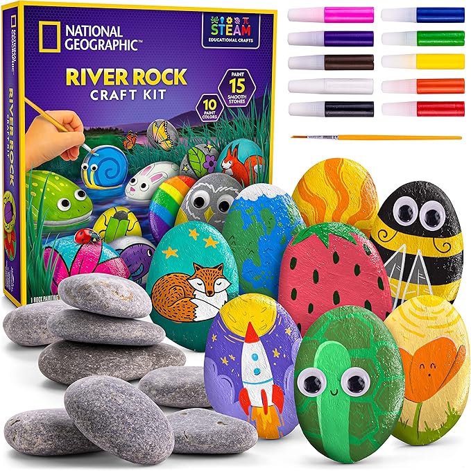 NATIONAL GEOGRAPHIC Rock Painting Kit - Arts and Crafts Kit for Kids, Paint & Decorate 15 River Rocks with 10 Paint Colors & More Art Supplies, Outdoor Toys for Girls and Boys, Easter Basket Stuffers