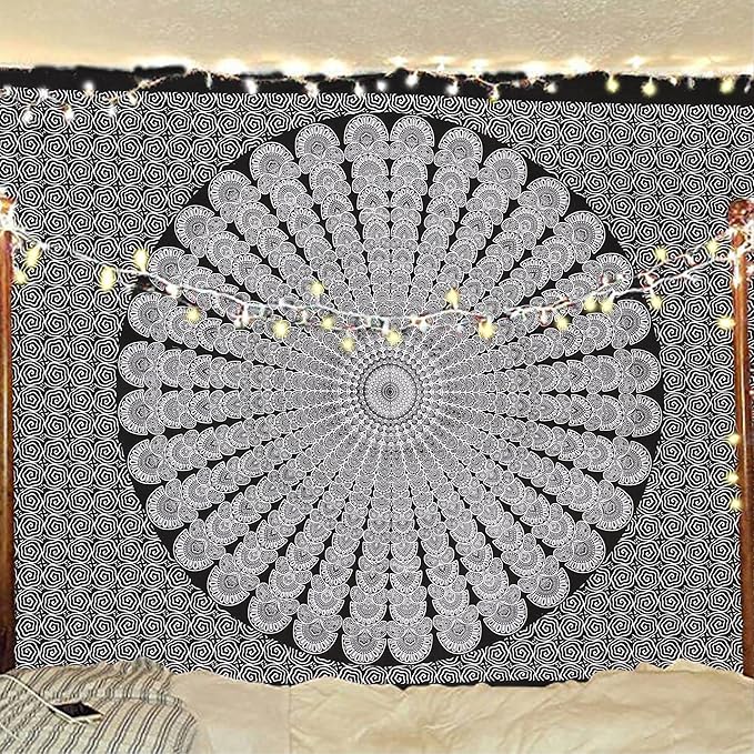 bless international handmade indian hippie bohemian psychedelic peacock mandala wall hanging college dorm beach throws table cloth bedding tapestry (black white, twin(54x72inches)(140x185cms))