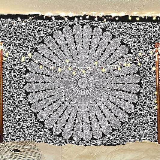 bless international handmade indian hippie bohemian psychedelic peacock mandala wall hanging college dorm beach throws table cloth bedding tapestry (black white, twin(54x72inches)(140x185cms))