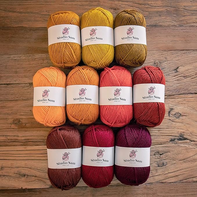Studio Sam Acrylic Yarn Set. Ten Large 50g Skeins. Total 1030 Yards. for All Knitting, Crochet and Craft Projects. Orange and Brown (Autumn Collection)