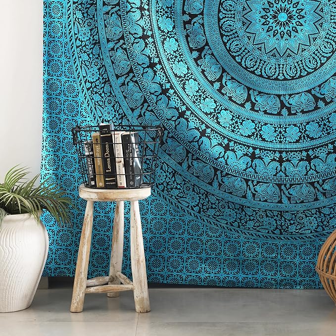 popular handicrafts queen mandala hippie tie dye psychedelic elephant tapestry wall hanging - indian maditation gypsy bohemian hippy dorm room decor tarqouise 81x88 inch