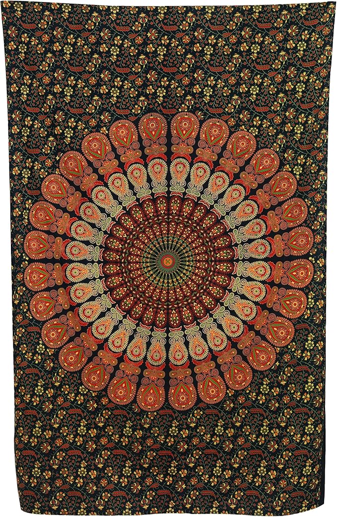 bless international handmade indian hippie bohemian psychedelic peacock mandala wall hanging college dorm beach throws table cloth bedding tapestry (golden green, twin(54x72inches)(140x185cms))