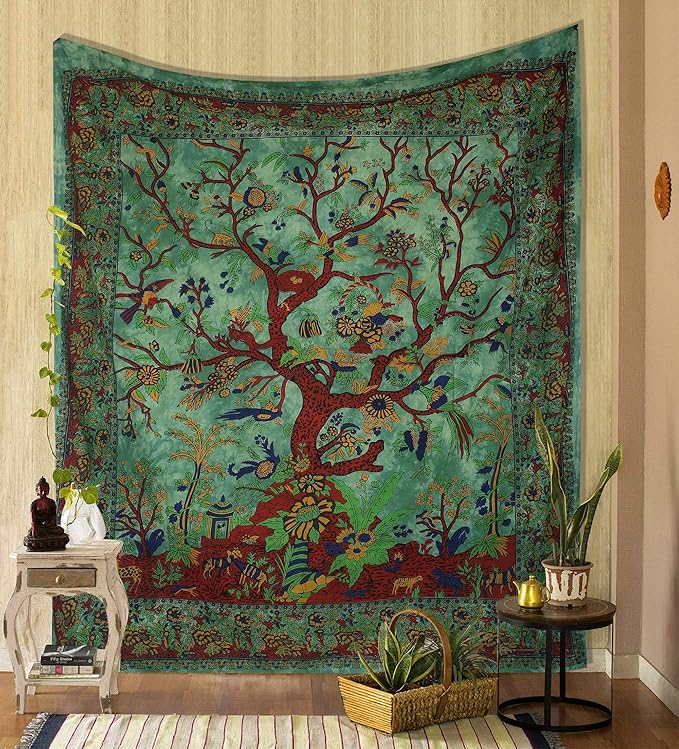 the art box tapestry green tree of life wall hanging – indian cotton twin bedspread, picnic sheet, blanket, wall art for bedroom décor (82x54 inch)