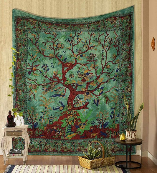 the art box tapestry green tree of life wall hanging – indian cotton twin bedspread, picnic sheet, blanket, wall art for bedroom décor (82x54 inch)