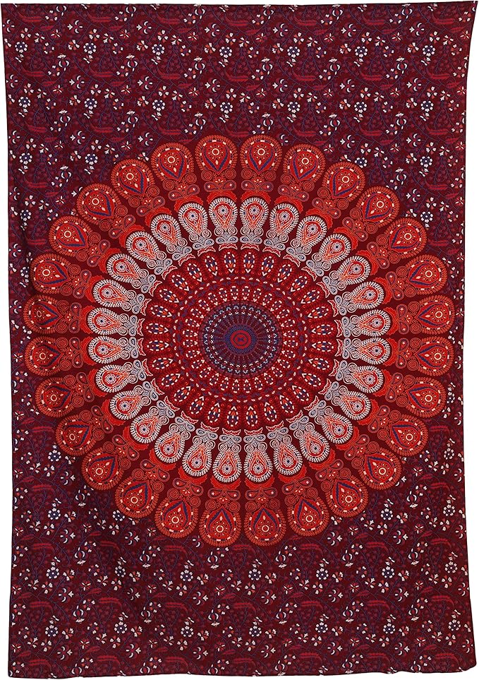 bless international handmade indian hippie bohemian psychedelic peacock mandala wall hanging college dorm beach throws table cloth bedding tapestry (blue red, twin(54x72inches)(140x185cms))